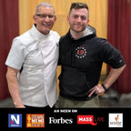 Sean from 13 Stars Hot Sauce and Chef Robert Irvine posing with logos at the bottom