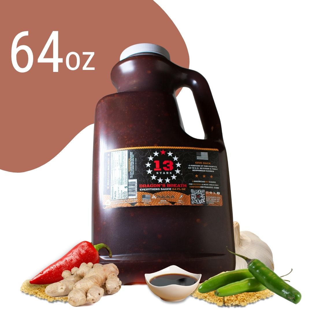 Large bottle of 13th Stars Dragon's Breath hot sauce with ingredients on a white background