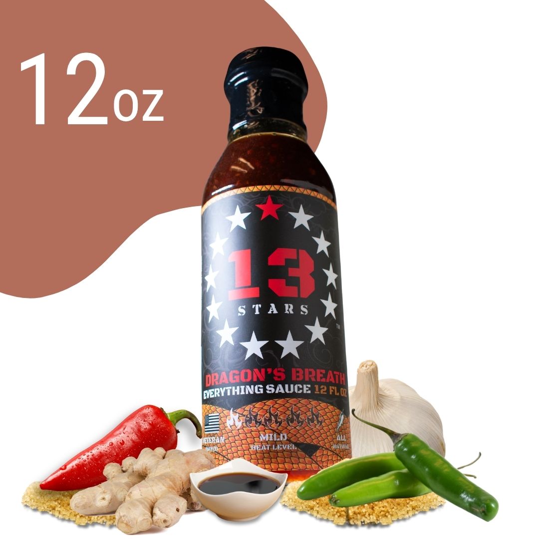 Bottle of 13 Stars Dragon's Breath Everything Sauce with ingredients on a white background