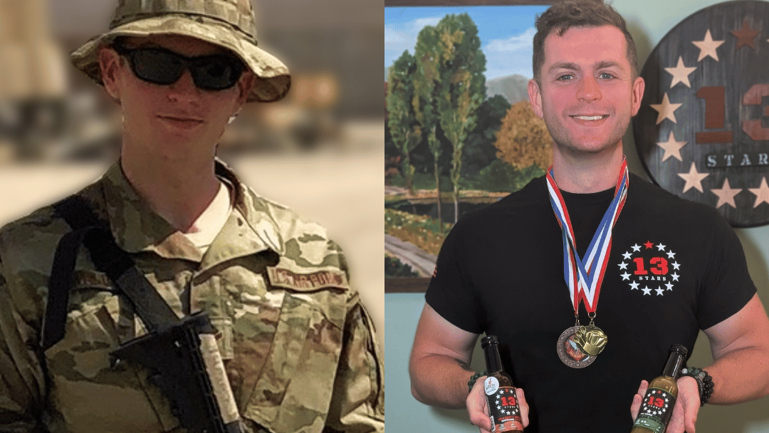 Sean in military uniform holding a rifle on one side and Sean again with awards and bottles on the other, against a neutral background.